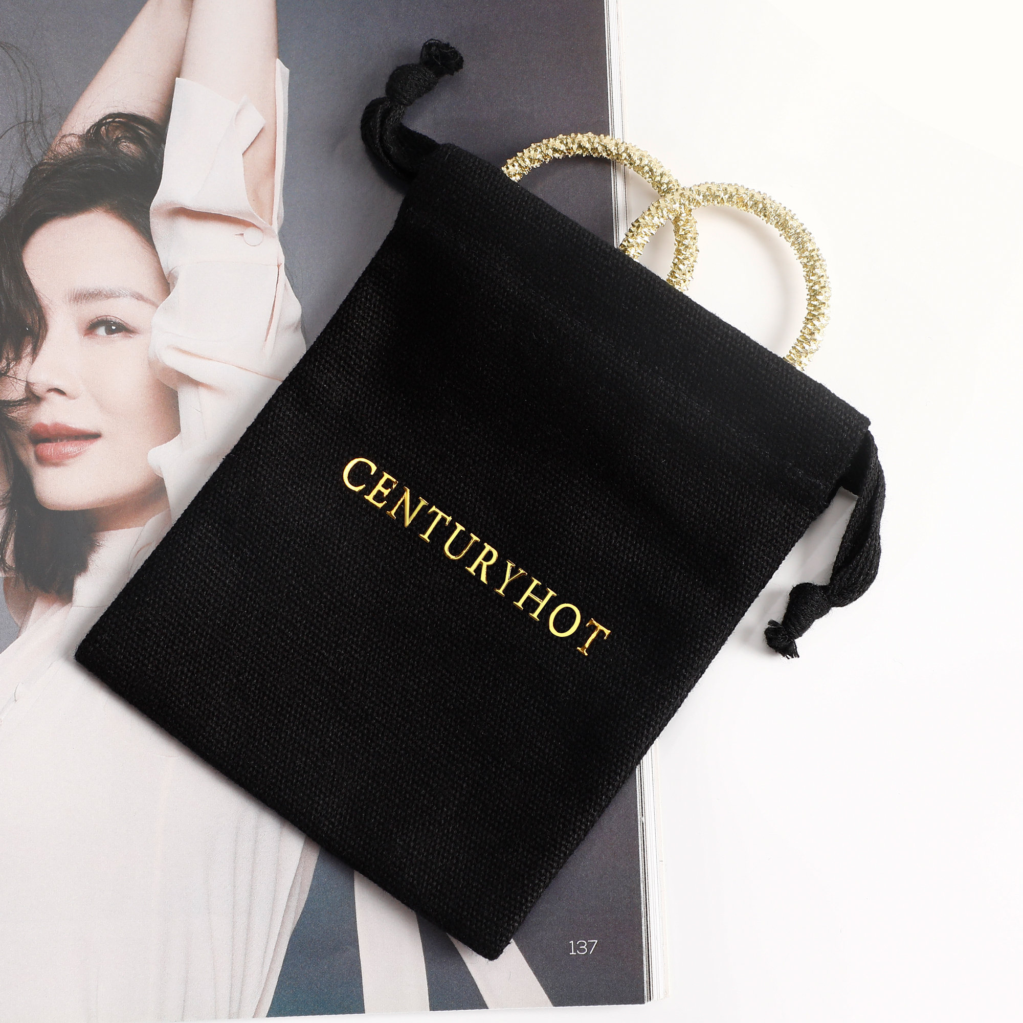 Black Cotton Canvas Gift Bags with custom logo space, perfect for brand promotion and personalized gifting
