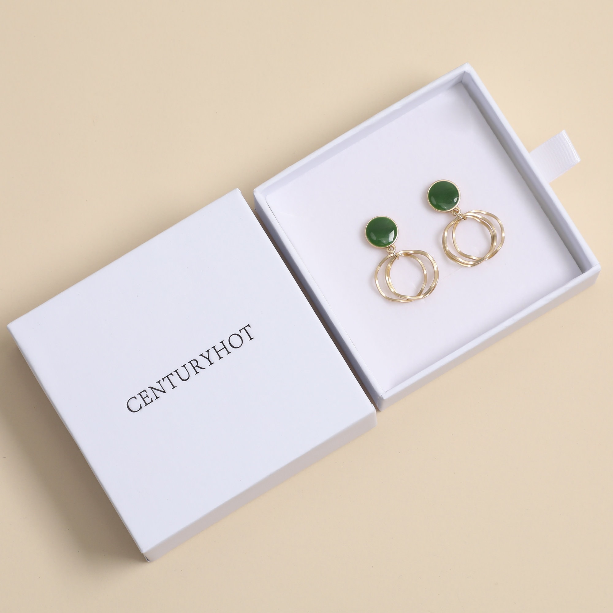 Multiple size options of white carton gift boxes for rings and necklaces, with clear internal/external dimension labels