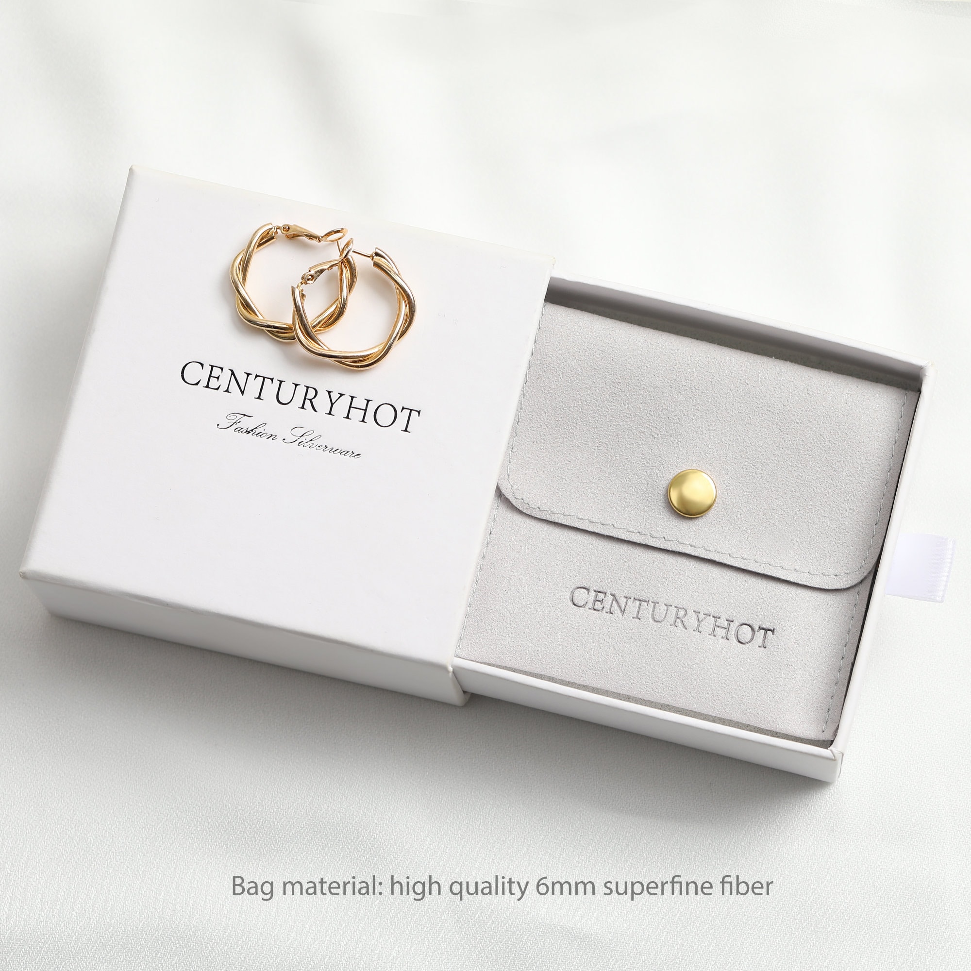 Small jewelry brands: 2-in-1 snap bag + drawer box (1200g textured cardboard, 0.65mm microfiber) cuts damage by 15%