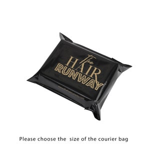 May include: Black poly mailer with gold lettering that reads "The Hair Runway" and the website address "www.thehairrunway.com".