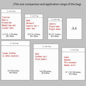 May include: A chart comparing the size and application range of a bag with a 2-inch flap. The chart shows the bag's size in inches and centimeters, and lists items that can fit inside the bag, such as t-shirts, shorts, a kitted hat, a baseball cap, trucker hats, a sack, a swimsuit, jewelry, a small box, a coat, clothes, a suit, a thick hoodie, leans, a sweater, a thin sweater, and a summer skirt. The chart also includes a standard A4 size paper for comparison.