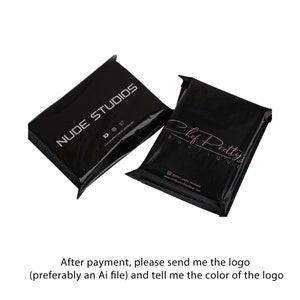 May include: Two black poly mailers with logos printed on them. The first mailer has the text "NUDE STUDIOS" in white with a website address and social media icons. The second mailer has the text "Chef Pretty's Boutique" in pink with a website address and social media handle.