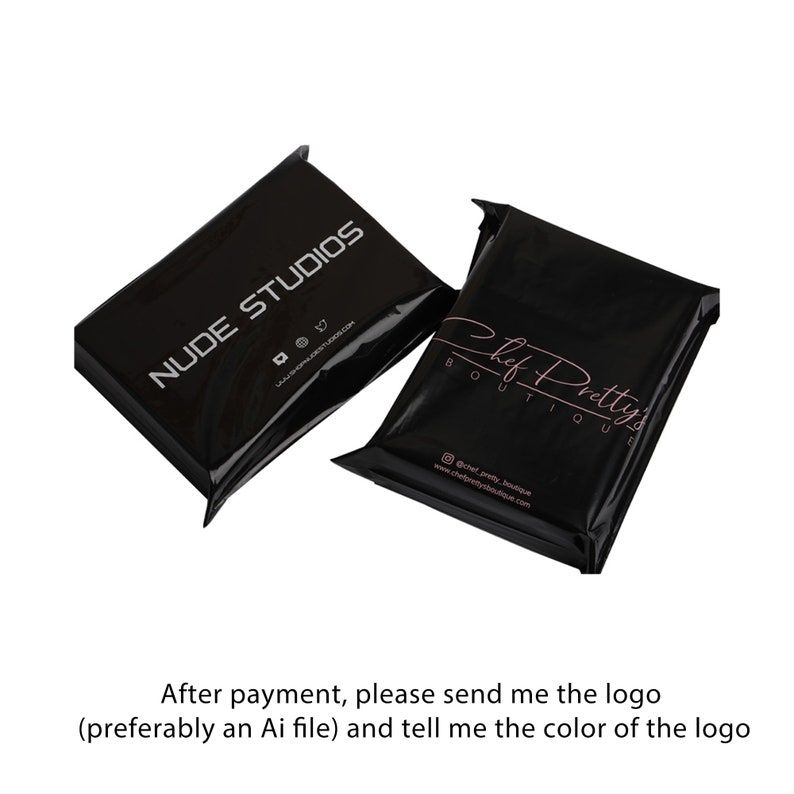 May include: Two black poly mailers with logos printed on them. The first mailer has the text "NUDE STUDIOS" in white with a website address and social media icons. The second mailer has the text "Chef Pretty's Boutique" in pink with a website address and social media handle.
