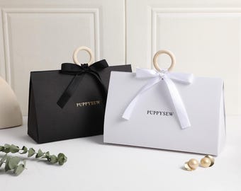 50 bolsas de regalo personalizadas para joyería con asas de madera en forma de anillo, bolsas de embalaje con logotipo personalizado, bolsas de compras de lujo para boutiques.