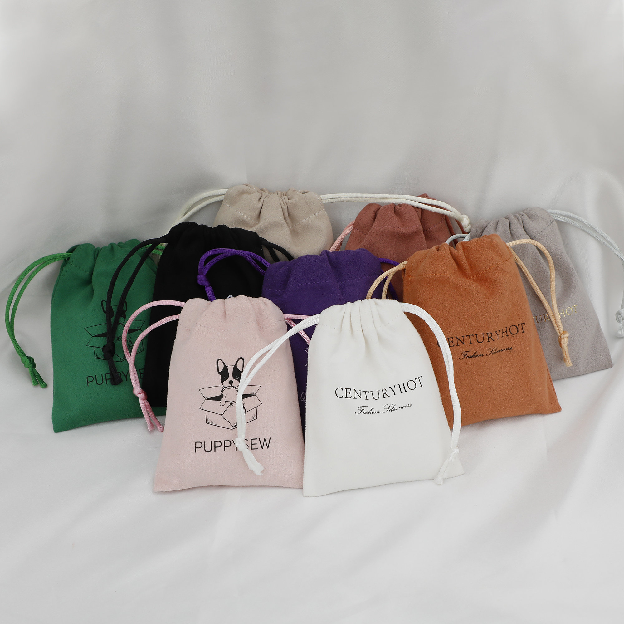 Bulk 50Pcs Custom Color Logo Suede Drawstring Necklace Pouch with soft suede texture for jewelry protection