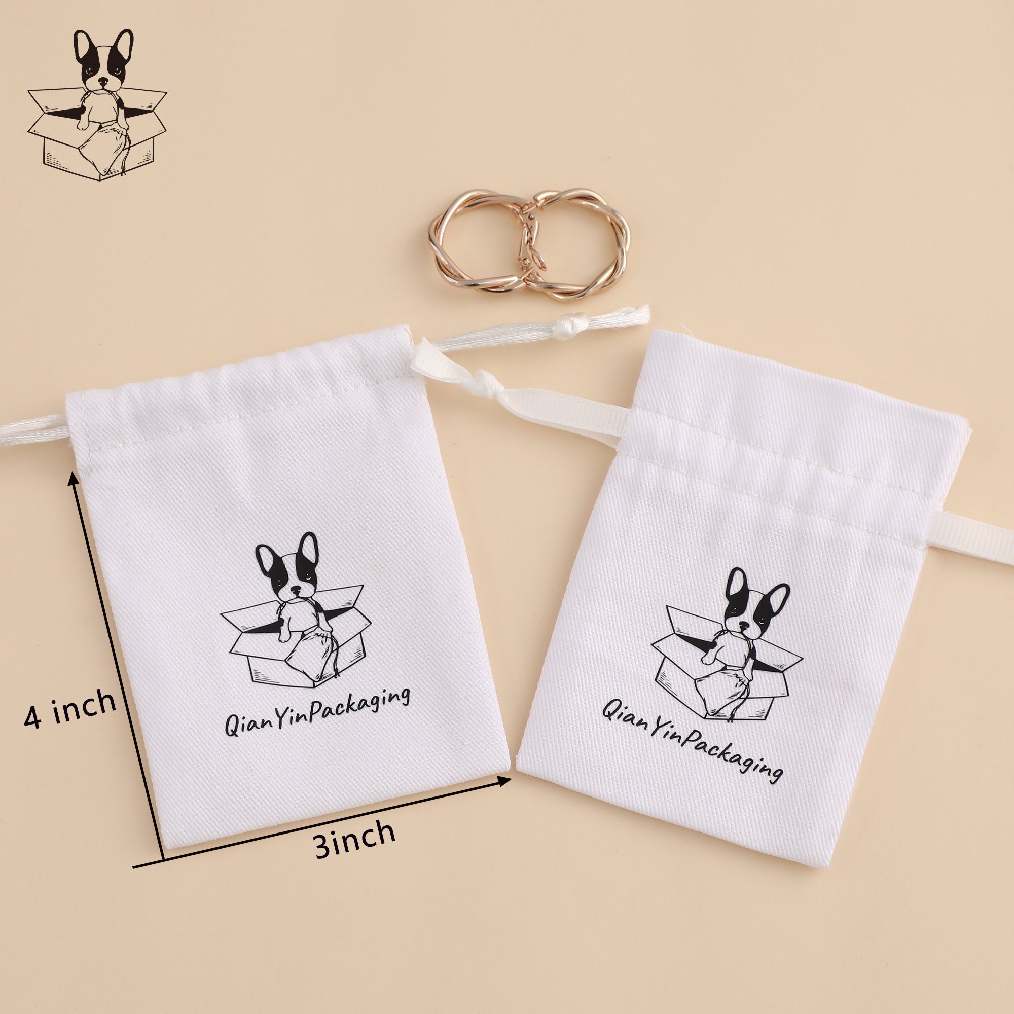 Custom logo placement on white twill satin dust pouch, demonstrating personalization for brand alignment in how to pick guide