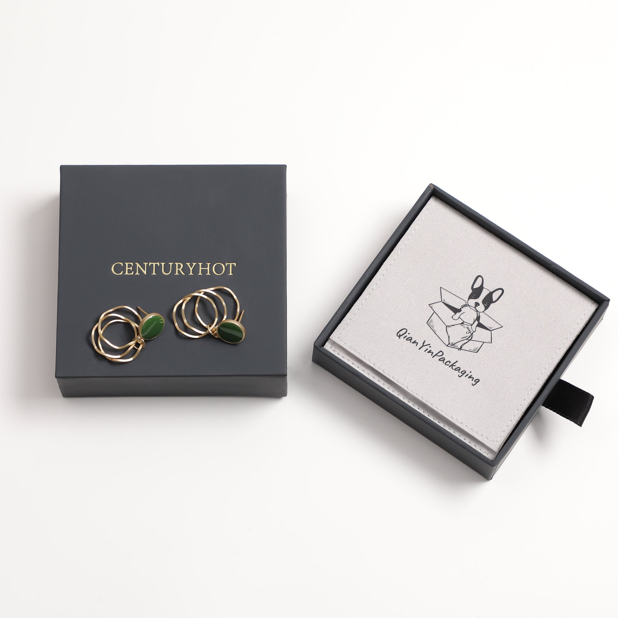 9x9x3cm gray drawer box dimensions, showing internal 8x8x2.5cm space for necklace, earrings, ring storage