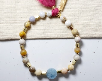 Genuine Flower Stone Aquamarine and Brass Stretch Gemstone Bracelet,, High Quality Genuine Gemstone,, Mala,, Orange Bracelet,,