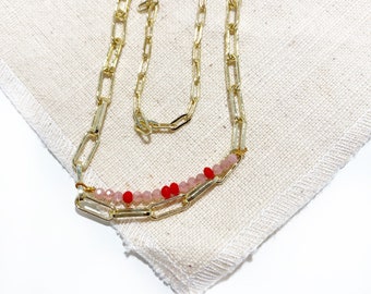 Boho Paperclip Delicate Necklace, Gemstone Necklace,One of a Kind, Minimalist-Pink Rhodochrosite Gemstone Gold Paperclip Necklace
