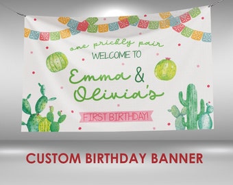 One Prickly Pair Birthday Banner, Cactus Party Decoration Vinyl Banner, Cactus First Fiesta Twin Birthday Banner