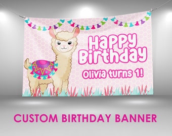 Llama Happy Birthday Banner, Backdrop Party Decor, Custom Vinyl Banner, Personalized Name, Printed in Full Color!