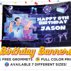 Virtual Reality Birthday Banner, Wall Hanging Banner, Gaming Birthday Decor, Gaming Sign Print, Video Game Party, Personalized Banner