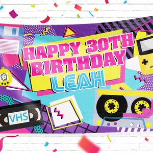 Super 90s Retro Party Banner Printed in Full Color, Personalized Birthday Banner