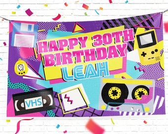 Super 90s Retro Party Banner Printed in Full Color, Personalized Birthday Banner