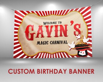 May include: Red and white striped banner with a tan rectangle in the center. The rectangle has the text "Welcome to Gavin's Magic Carnival".