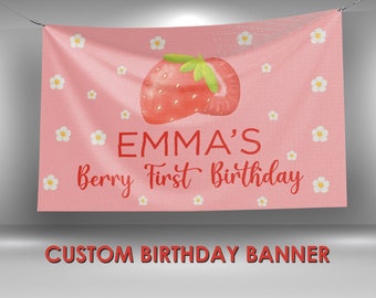 Strawberry Birthday Vinyl Banner, Berry First Birthday Decor, Strawberry Party Decoration, Birthday Name Banner, Strawberry Party Banner