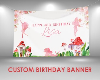 Fairy Birthday Banner, Fairy Party Decor, Custom Vinyl Banner, Personalized Name