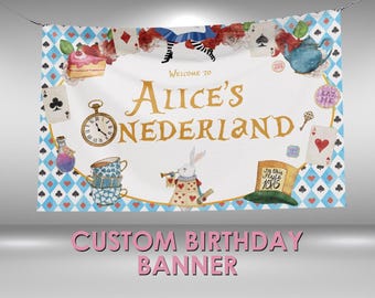 Alice in Onederland Birthday Banner, Alice in Onederland Custom Vinyl Banner, Alice in Onederland Theme Party Banner