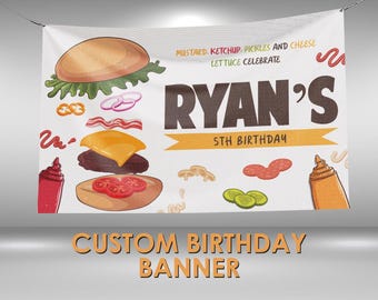Burger Birthday Banner, Backyard BBQ Party Decorations, Cookout Birthday Vinyl Banner, BBQ Party Banner Wall Sign, Burger Decorations Sign