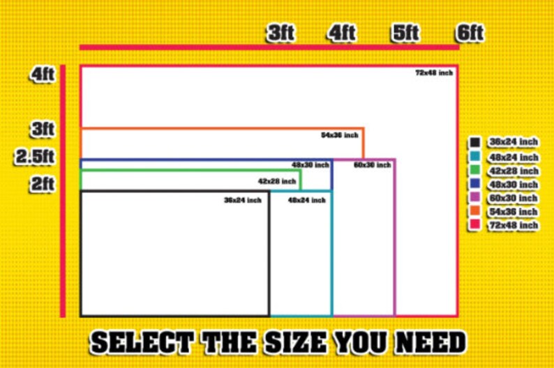 May include: Diagram showing various rectangular sizes, labeled in feet and inches. The sizes range from 36x24 inches to 72x48 inches, with the text "SELECT THE SIZE YOU NEED" at the bottom.