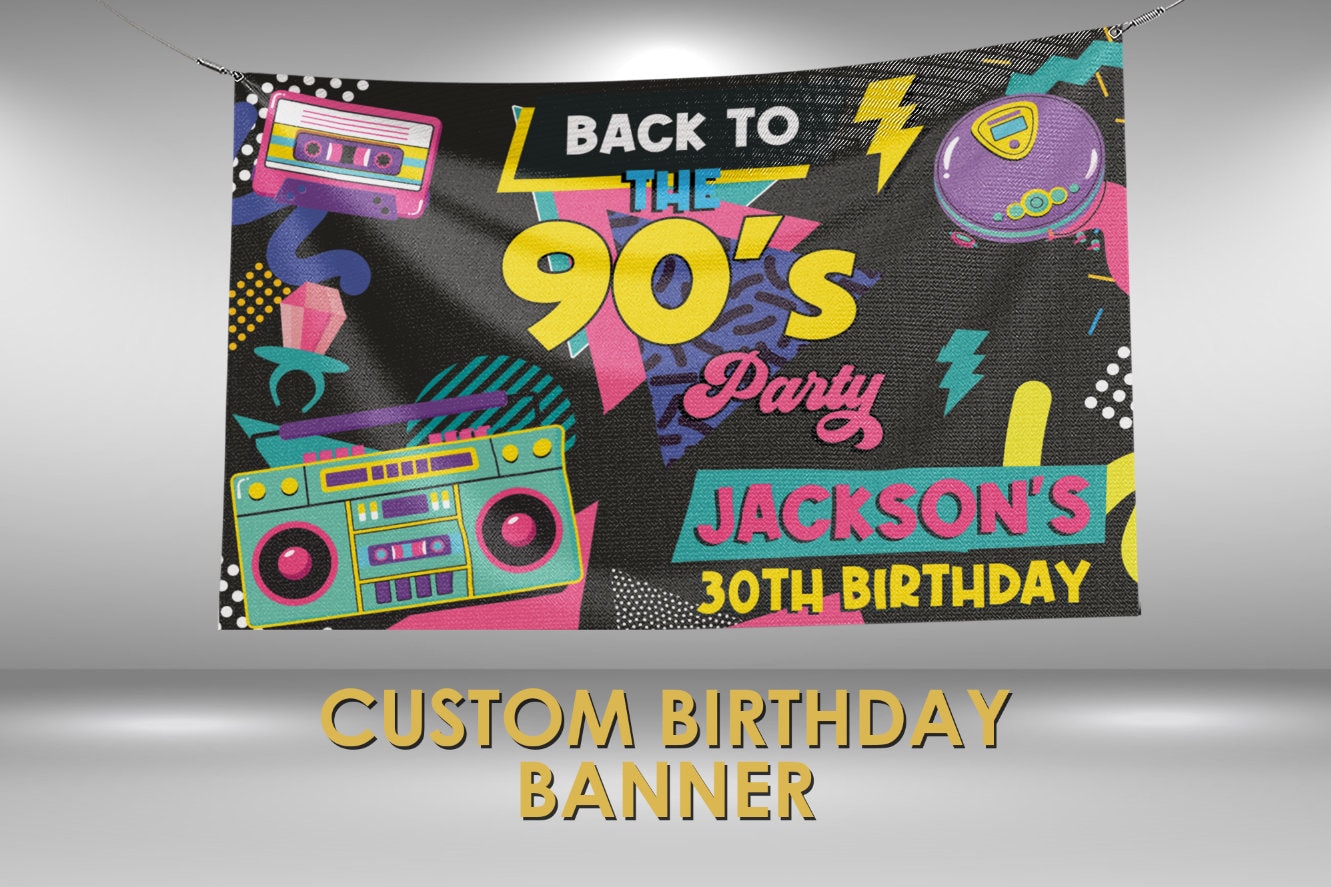 Super 90s Retro Party Banner Printed in Full Color, Personalized Birthday Banner