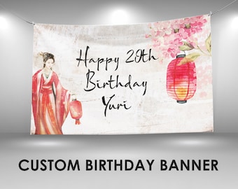 Japanese Birthday Banner, Geisha Party Decor, Custom Vinyl Banner, Personalized Name