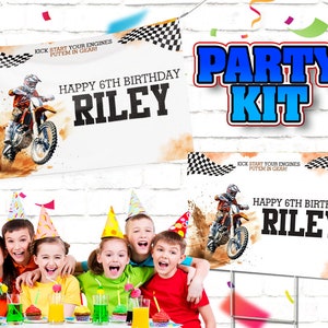 May include: A party kit with a motocross theme. The kit includes two signs with a dirt bike rider, checkered flags, and the text "Kick Start Your Engines Put'em in Gear!" and "Happy 6th Birthday Riley".
