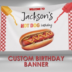 Pancarta de cumpleaños de perrito caliente, pancarta de vinilo con decoraciones para fiestas de perritos calientes, decoración de cumpleaños para campamento de verano de perritos calientes, letrero de pared con pancarta para fiesta de perritos calientes