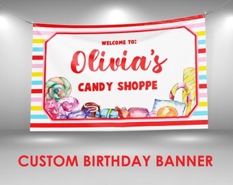 Candy Birthday Banner, Candy Party Decor, Custom Vinyl Banner, Personalized Name