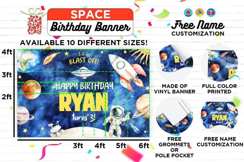 May include: A blue and white space-themed birthday banner featuring a rocket, planets, and stars. The banner reads "Happy Birthday Ryan turns 3!" and includes the text "3-2-1- Blast Off!" The banner is available in 10 different sizes.