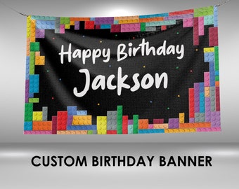 Building Bricks Birthday Banner, Building Block Party Banner Decorations, Toys Birthday Boy, Building Bricks Birthday Wall Hanging Banner