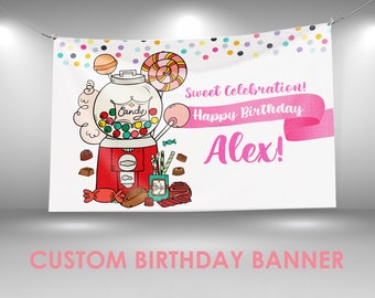 Candy Birthday Banner, Candy Party Decor, Custom Vinyl Banner, Personalized Name