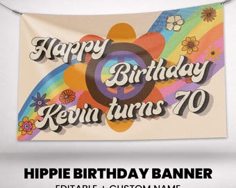 Hippie Birthday Banner Personalized | Retro 60s Party Banner | Groovy Birthday Decor | Custom Name Vinyl Banner | Printed Party Backdrop