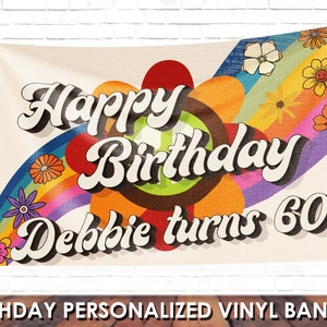 Hippie Retro Birthday Banner Printed in Full Color, Birthday Custom Vinyl Banner Design image 3
