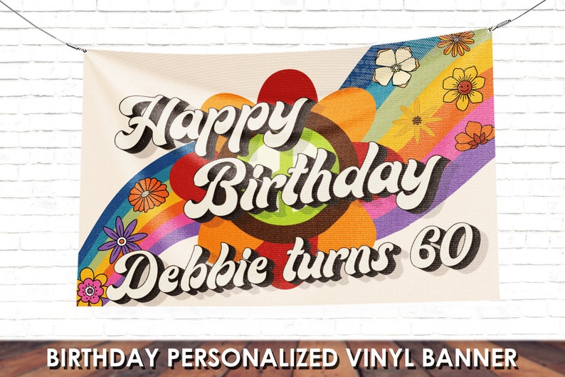 Hippie Retro Birthday Banner Printed in Full Color, Birthday Custom Vinyl Banner Design image 3