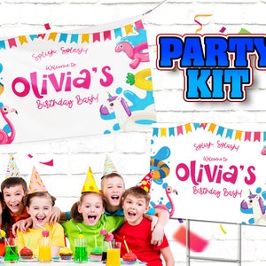 May include: A party kit banner with the text "Olivia's Birthday Bash!" in pink, featuring illustrations of a flamingo, a unicorn, and a dinosaur. The words "Splish Splash!" are also included. A group of children are smiling in front of a table with drinks and cupcakes.