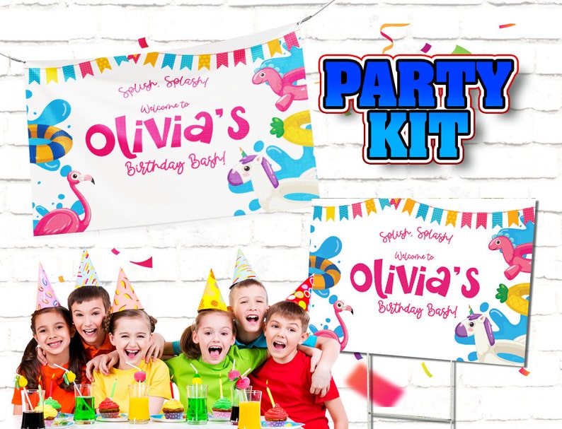 May include: A party kit banner with the text "Olivia's Birthday Bash!" in pink, featuring illustrations of a flamingo, a unicorn, and a dinosaur. The words "Splish Splash!" are also included. A group of children are smiling in front of a table with drinks and cupcakes.