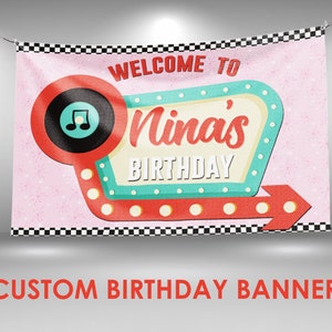 50s Diner Birthday Banner, Retro Diner Party Decor, Custom Vinyl Banner, Personalized Name
