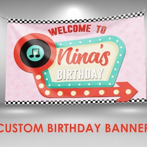 50s Diner Birthday Banner, Retro Diner Party Decor, Custom Vinyl Banner, Personalized Name