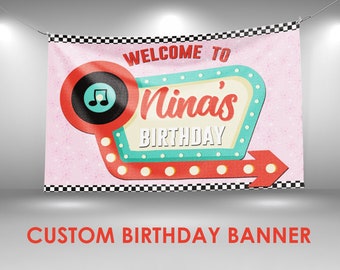 50s Diner Birthday Banner, Retro Diner Party Decor, Custom Vinyl Banner, Personalized Name