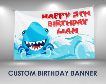 Shark  Birthday Banner, Shark Party Decor, Custom Vinyl Banner, Personalized Name