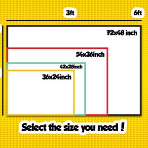 May include: Image showing a yellow background with a white rectangle containing four nested rectangles of different sizes. The largest is 72x48 inches, followed by 54x36 inches, 42x28 inches, and 36x24 inches. Text at the bottom reads "Select the size you need!"