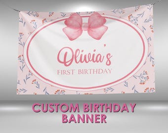 Coquette Birthday Banner, Bow 1st Birthday Party Decor, Pink Bow Coquette Personalized Vinyl Banner, Coquette Party Pink Bow