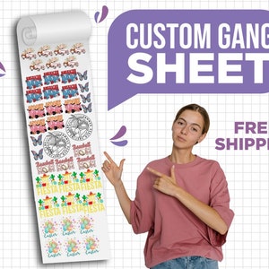 May include: A roll of custom stickers featuring various designs, including trains, butterflies, and cacti. The stickers have text that says "Baseball", "Mom", "Fiesta", and "Easter". The image also includes the text "Custom Gang Sheet".