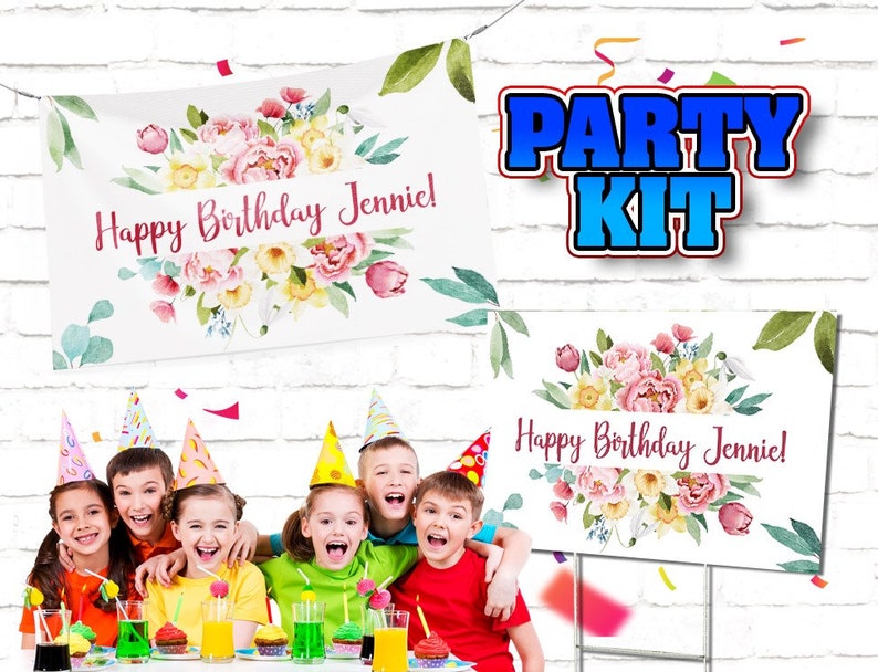 May include: A floral birthday party kit with a banner and a sign that says "Happy Birthday Jennie!" The banner and sign have a watercolor floral design with pink, yellow, and green flowers. The kit is perfect for a birthday party.