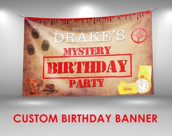 Mystery Birthday Banner, Murder Mystery Party Decor, Custom Vinyl Banner, Personalized Name