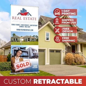 Real  Estate Banner Retractable Stand,  Real Estate Signs, Roll Up Real Estate Branding Template, Business Sign Banner, Free Carrying Bag