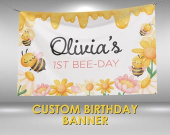 Bee Birthday Banner, Bee Party Decor, Custom Vinyl Banner, Personalized Name