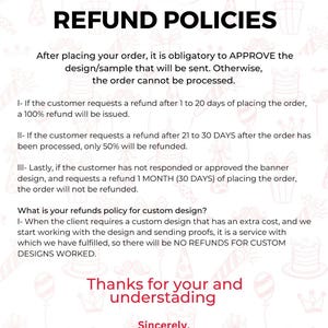 May include: White document with the title "REFUND POLICIES" and detailed information about the refund process. The document includes text about order approval, refund timelines, and custom design policies. The document is from "30 Birthday Ideas".