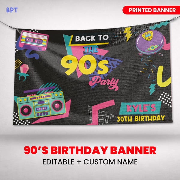 Super 90s Retro Party Banner Printed in Full Color, Personalized Birthday Banner